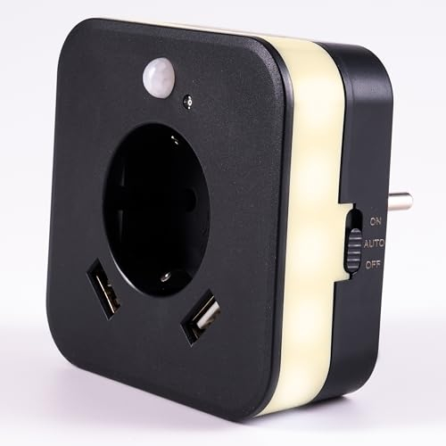 LED-Nachtlicht mit Bewegungsmelder und Steckdose, 2x USB 2.4A, anthrazit, automatischer Lichtsensor, GS (geprüfte Sicherheit) (1 Stück [ANTHRAZIT])