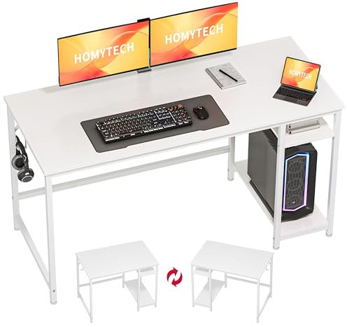 HOMYTECH Bureau d'ordinateur avec Double Étagère, Table d‘Ordinateur pour Étudier et Travailler Bureau, Informatique Chambre à Coucher de Style Moderne Studio Bureau, 140 x 60 cm, Blanc