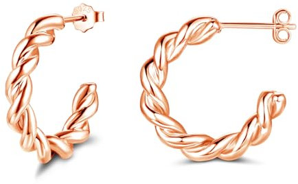 Loutade Silver Hoop Earrings for Women, 925 Sterling Silver Open Hoops Earrings, Hypoallergenic Lightweight Trendy Twisted Rose Gold Chunky Open Hoop Earrings Rose Gold Cuff Stud Earrings for Girls