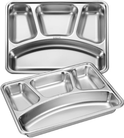 sourcing map 4Pcs Stainless Steel Divided Dinner Plate, 11 x 8.7 Rectangular Serving Platter Plates with 4 Special Sections Cafeteria Mess Tray for Restaurant Portion Control Camping