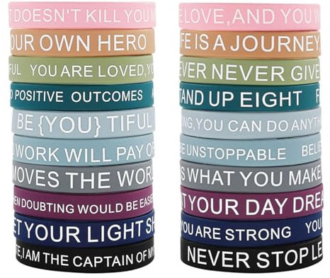 Lot de 20 bracelets de motivation en caoutchouc de silicone, différentes couleurs, messages positifs, bracelets avec mots inspirants