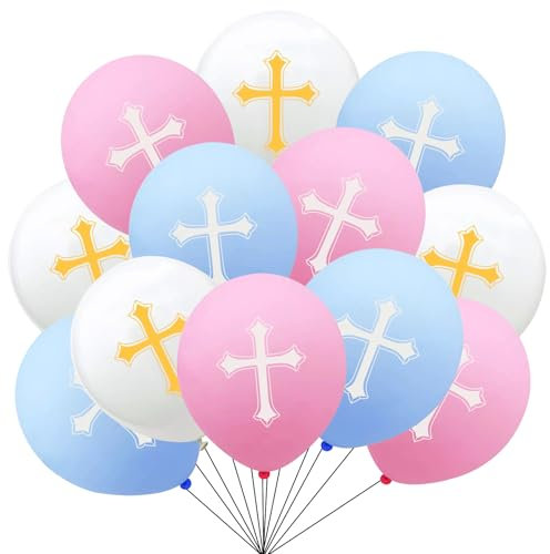 KOBOKO Taufe Deko Kreuz Luftballon, 12 Stk Kommunion Luftballons Deko Taufe Mädchen Junge, Taufdeko Ballons Rosa Blau Weiß, Meine Taufe Helium Ballon für Babyparty, Kommunion, Babyshower Party Deko