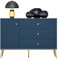 Konsimo Kommode ARICIA 120x85x40 cm - Modern Kommode mit Schubladen und Regale - Elegant Sideboard auf hohen Beinen fur Wohnzimmer und Schlafzimmer - Blau/Gold