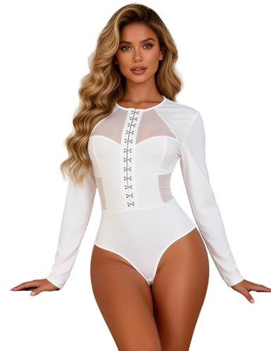 ohyeahlady Women's Sexy Long Sleeve Bodysuit Sheer Mesh Back & Sides Body Suits Soft Stretchy Going Out Leotard Tops with Adjustable Snap Closure White Size 2XL