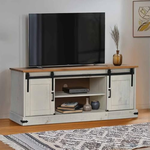 Homgoday Meuble TV Halden 2 portes coulissantes Blanc 150 x 40 x 60 cm, meuble TV meuble bas pour TV pour table de salon industriel, support TV salon