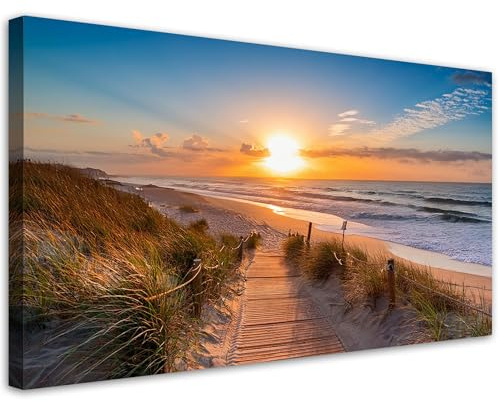 Feeby Leinwandbild - Bilder Wohnzimmer - Sonnenuntergang am Strand - 80x40 1tlg - Deko Schlafzimmer - Wanddekoration - Aesthetic - Groß Moderne Bild - Foto auf Leinwand