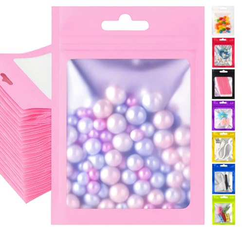 Plaphy 100 Bolsas Zip Herméticas con Ventana y Ranura para Colgar, Bolsas Mylar con Cierre Resellable, Bolsas de Aluminio Autocierre para Empaque y Almacenamiento de Alimentos (Rosa, 10,5 x 15 cm)