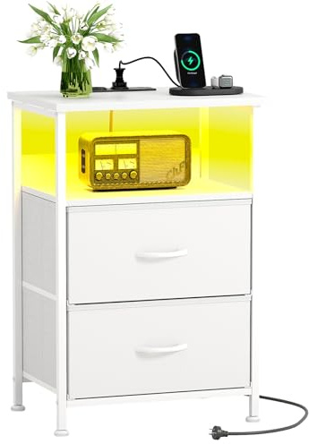 CAIYUN Nachttisch mit LED & Ladefunktion, Beistelltisch mit Schublade, Nachttische mit 2 AC-Anschlüsse & 2 USB C Anschlüssen, Beistelltische fürs Wohnzimmer, Schlafzimmer (Weiß)