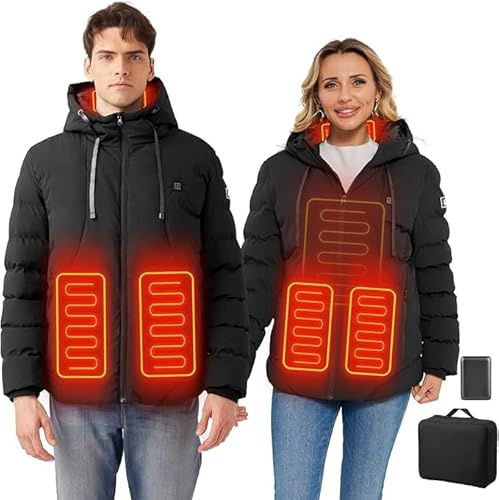 Veste Chauffante Homme Femme avec Capuche Doudoune Chauffante Manteau Chauffant Avec Batterie 10000 mAh 3 niveaux de température 4 Zones de Chauffage Lavable à l'eau pour Ski Pêche Randonnée Plein Air
