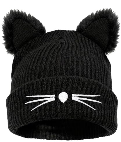 MorLuks Katzenmütze Damen Winter, Cat Beanie, Schwarz Mütze mit Ohren, Katzenohren Mütze Wintermütze Damen Strickmützen Geschenke für Frauen