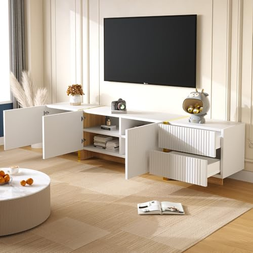 VIVCA Mueble TV 190 x 35 x 45 cm, 3 puertas, 2 cajones, color blanco con oro y vetas de madera