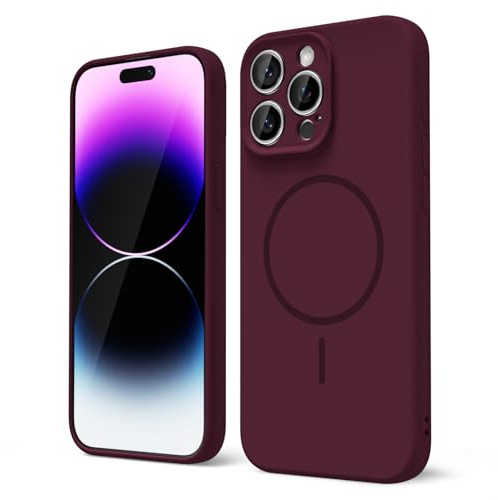 oakxco for iPhone 14 Pro Max Case Silicone Mag Safe, Magnetic Slim Thin Phone Case Compatible with Magsafe, Women Girls Cute Girly Aesthetic Soft Rubber Gel Safecase with Camera Cover, Burgundy