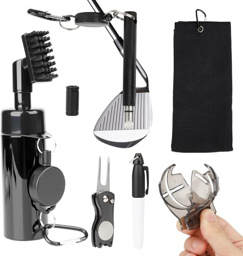 Golf Accessories Kit, Golf Club Cleaner Brush with Water Spray Bottle, Groove Sharpener, Microfiber Golf Towel, Ball Alignment Marker, Stencil Pen, Foldable Divot Repair Tool, Golf Bag Accessories Set