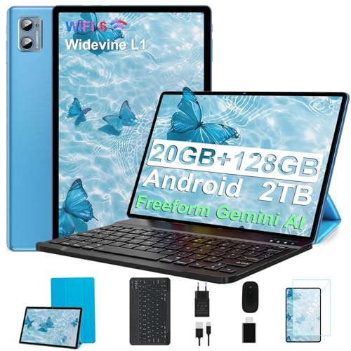 GOODTEL Android Tablets, 20 GB RAM + 128 GB ROM +2 TB TF 10.1 Zoll, Octa Core, Widevine L1/WiFi 6/Bluetooth 5.0/6000 mAh/GMS-Zertifiziert/8 MP + 5 MP/Tablet-PC mit Hülle, Tastatur und Maus, Blau