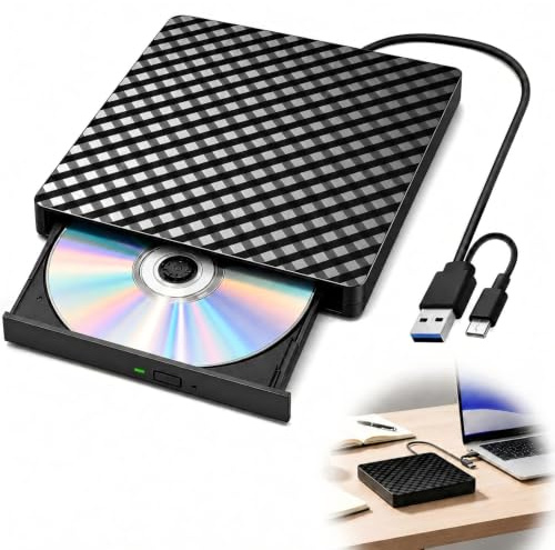 Lector CD DVD Externo USB 3.0 Type-C Ultra Delgado 14mm para PC Windows Mac | Unidad CD DVD +/-RW portátil, conexión Plug & Play, lectura rápida, compatible con iMac Windows 11/10/8/7 Mac OS