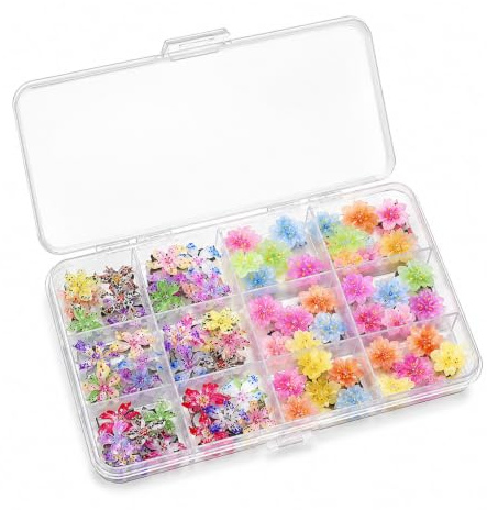 Higijapuf 72Pcs Nail Charms Flowers, 3D Floral Nail Gems Summer Nail Decorations Colourful Nail Jewellery Accessories for Nail Art Design in Storage Box