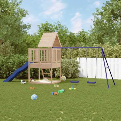 Kaloriko Spielturm Massivholz Kiefer mit Wellenrutsche Doppelschaukel Sandkasten 120x111x228 cm Gartenspielhaus Kinder Outdoor Klettergerüst Nestschaukel für Kleinkind Bewegung Spaß