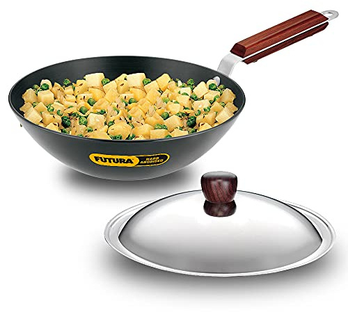 Futura Hard Anodised Deep-Fry Pan(Kadhai) 2-1/2-Litre with Steel Lid and Flat Bottom