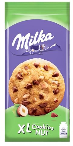 Milka, Cookies XL Nut, Biscotto Maxi Croccante con Golose Pepite di Cioccolato al Latte Milka e Nocciole Tostate, con Latte Alpino, Cacao Sostenibile, 184g (8 biscotti da 23g)