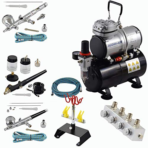 Agora-Tec® Airbrush Komplett-Set PROFI XVI.13, inkl. Kompressor mit 4 bar, 20l/min und 3 Liter Tank + 3 Airbrushpistolen mit 0,2 & 0,3 & 0,5 & 0,8mm Nadeln/Düsen + regelbaren 4-fach Luftdruckverteiler + 4-fach-Halter + 3 Schläuche +Adapter