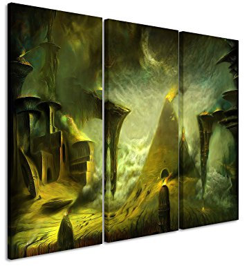 Leinwandbild 3 teilig Fantasy_Pyramid_3x90x40cm (Gesamt 120x90cm) _Ausführung schöner Kunstdruck auf echter Leinwand als Wandbild auf Keilrahmen