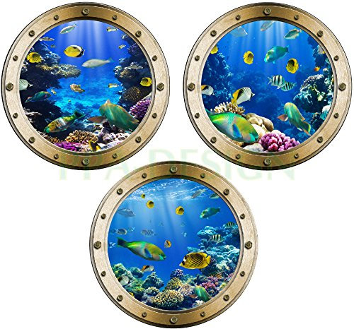 PPA DESIGN Sticker Mural Trompe l'oeil Hublot Poissons Tropicaux - Pack de 3 Hublots - Packhu003 (30x30cm)