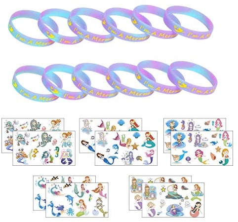 ZERHOK 12Stk Meerjungfrau Leuchten Armbänder mit 10tlg Mermaid Tattoos mitgebsel Silikonarmband für Mädchen Kinder Geburtstag Geschenke Meerjungfrau Party