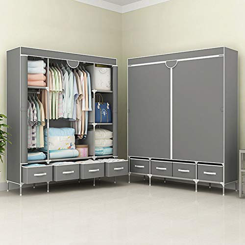 Anmas Power [Upgrade Version Three Canvas wardrobe Cupboard Clothes Storage Solution with Hanging Rail + Storage Shelves 150X45X170CM (Grey)