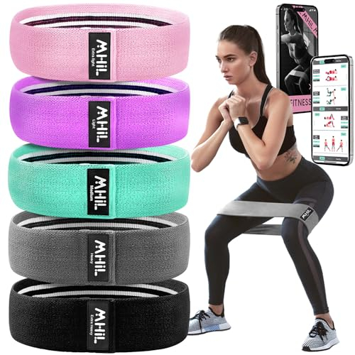 MhIL 5 Widerstandsbänder – Beste Übungsbänder für Damen und Herren, Dickes, elastisches Gewebe das Trainieren von Beinen, Po Gluteus, Stretch-Fitness-Bänder fürs Fitnessstudio, Übungen mit