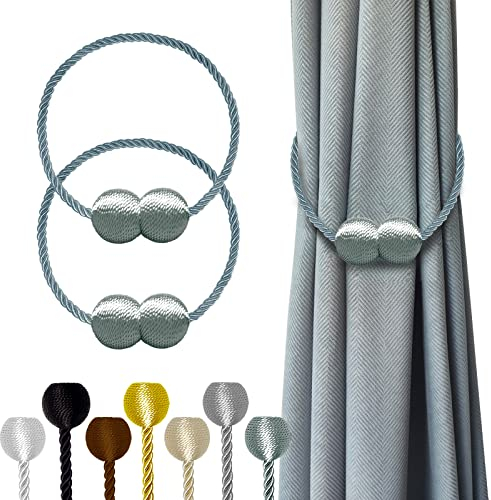 Hion Magnetische Vorhang Raffhalter Grau Blau 2 Stück, Vorhang Raffhalter Schnallen Holdbacks Halter Haken Clip für Zuhause Schlafzimmer Büro Dekorativer Vorhang