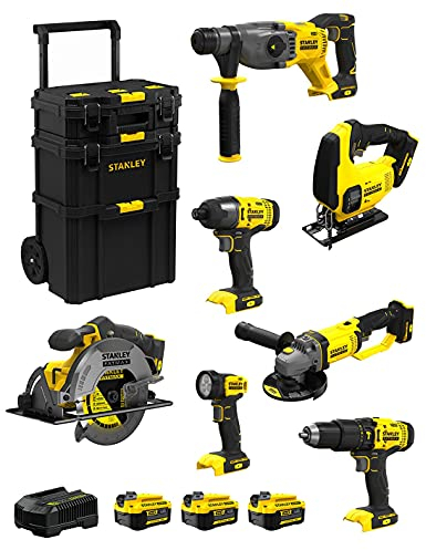 STANLEY FatMax Kit SVK701 (SFMCH900 + SFMCG400 + SFMCD711 + SFMCF800 + SFMCS500 + SFMCS600 + SFMCL020 + 3 Batterien 4,0 Ah + Ladegerät + Caddy 3in1)