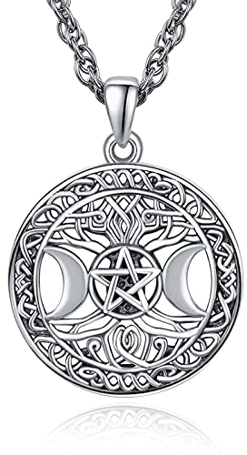 TANGPOET Dreifache Mond Halskette 925 Sterling Silber Baum des Lebens Anhänger Pentagramm Halskette Pagan Wicca Magie Amulett Halloween Gothic Schmuck Geschenke für Damen Herren(Silber)