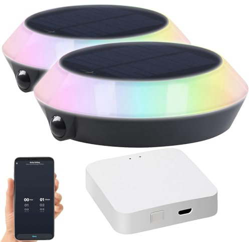 Lunartec Solargartenleuchten: 2er-Set Solar-Outdoor-Leuchten, RGB-CCT-LEDs, PIR, WLAN-Gateway, App (Solarleuchte mit WLAN, LED Solarlichter)