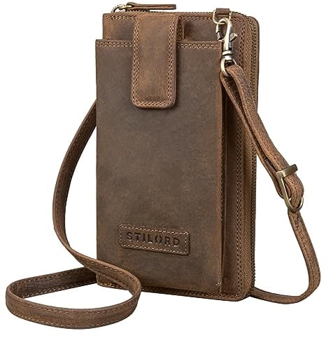 STILORD 'Nelly' Geldbörse mit Handyfach Leder 3-in-1 Handytasche Umhängetasche Portemonnaie zum Umhängen Handy Umhängetasche Damen Vintage Echtleder, Farbe:mittel - braun