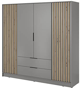 Schlafzimmerschrank mit 4 drehbaren Türen und 2 Schubladen Latten aus Holz Loft Stil IndustrieSchrank Aufbewahrungsschrank (Spannstange) mit Regalböden (B x H x T) 206 x 200 x 51 cm John 4D Grau