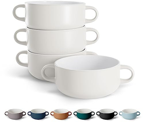 Kook Vajilla para sopa, cuencos de cerámica, para asar, horno, microondas y lavavajillas, con asas, para cazuela, pasta, cereales, 20 onzas, juego de 4 (blanco)