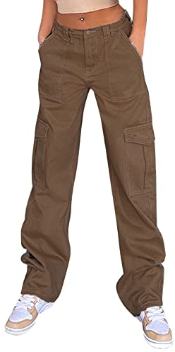 Sunnyuk Cargohose Damen Baggy Beige Lose Elastische Freizeithose Damen Lang Große Größen Harajuku 90Er Palazzo Hose Yogahose Teenager Mädchen Frauen Sporthose Lang Locker