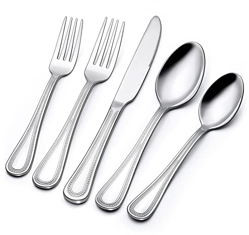 40 Piece Silverware Set for 8, Terlulu Stainless Steel Flatware Set, Mirror Polished Cutlery Set Utensil Set, Tableware Include Forks Spoons Knives for Home Restaurant, Beaded Handle, Dishwasher Safe