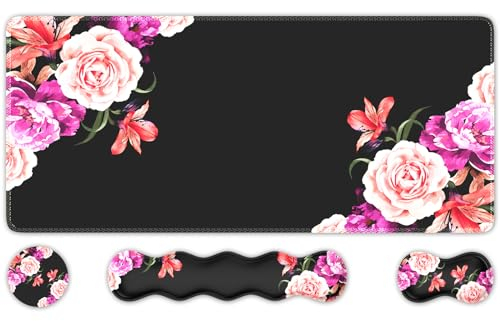 HAOCOO Mauspad Set, Großes Gaming Mauspad + Tastatur Handgelenkauflage + Mauspad mit Handgelenkstütze + Untersetzer, 90x40cm Mousepad Schreibtischmatte für Home Office, Pfingstrosenblume