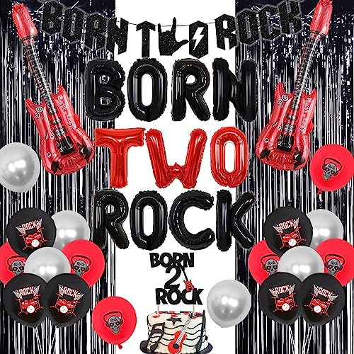 Sursurprise Geboren zwei Rock Geburtstag Dekorationen Rock and Roll 2nd Birthday Party Supplies mit Born Two Rock Ballon Banner Cake Topper Gitarre Ballon Fransen Vorhang für Rock Band Musik Thema