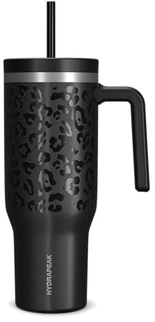 Hydrapeak Voyager - Vaso de acero inoxidable de 40 onzas con asa, botella de agua aislada con popote y tapa, apta para portavasos, reutilizable, taza de viaje (leopardo negro)