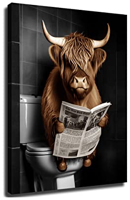 Wandkunst Kuh Badezimmer Lustiges Hochlandkuh liest Zeitung auf der Toilette Bild Wanddekoration Tier Badezimmer Leinwand Gemälde Druck Kunstwerk (40 x 60 cm, rahmenlos)