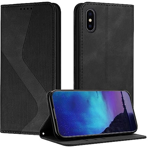 Fatcatparadise Coque pour iPhone XS/X, Coque iPhone XS/X (5,8 Pouces), Housse en Cuir PU Pochette Portefeuille Étui Rabat Clapet Case Porte Carte Magnétique Etui de Protection Flip Case (Noir)