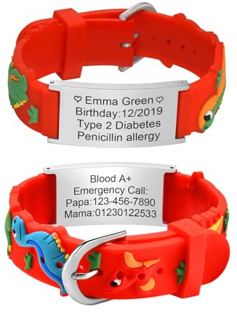 XUANPAI Bracelet Identification SOS Personnalisable, Urgence Bracelet Medical Bracelet pour Enfants, Cartoon Style Silicone Imperméable Bracelet Réglable pour Garçons Filles Adolescents
