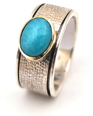 LeoLars-PABE Amazonit Spinner Design Ring, Gr. 63, aus 925er Silber mit 585er Gelbgold Fassung, Karibikblau, zum drehen, Unikat, Handarbeit