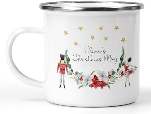 Daytripper Personalised Christmas Mug, Kids Christmas Eve Mugs, Custom Name, for Girls and Boys, Hot Chocolate Cup, Enamel, Nutcracker