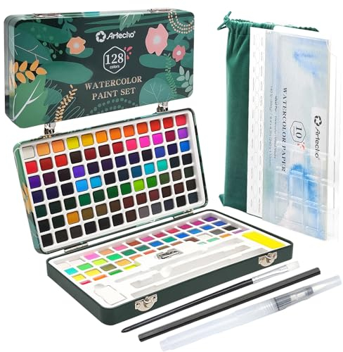 Artecho Ensemble de peinture aquarelle 128 couleurs, ensemble complet pour adultes avec 128 couleurs uniques, pinceaux et papiers aquarelle, kit parfait pour débutants et professionnels