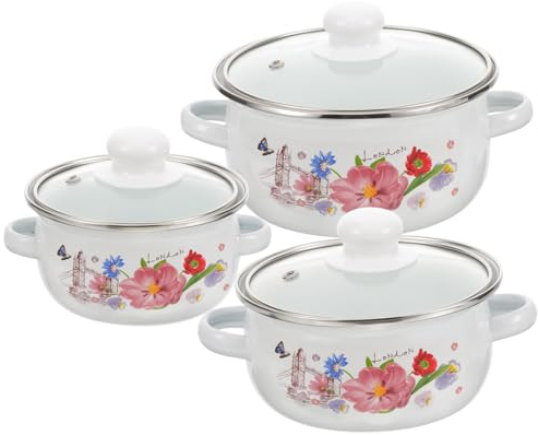 Zerodeko 3piezas Olla De Sopa Vintage De Esmalte De Tapa Olla Para Cocinar Doble Asa Patrón Aleatorio Para Cocina y Estofados