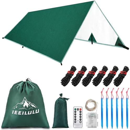 IEEILULU Bâche Anti-Pluie, 3x3m Camping Bâche Rain Tarp avec œillets 6 piquets et 6 Cordes, Imperméable Anti-UV Légère Bâche de Tente pour Hamac étanche Extérieures Randonnée