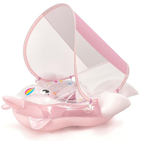Baby Swimming Float, Baby Inflatable Pool Float with Sun Canopy Seat for 6-36 Months, Baby Girl Inflatable Baby Swimming Ring Pool Float for Infant Toddler Kids 1-3 Years (Pink Unicorn)